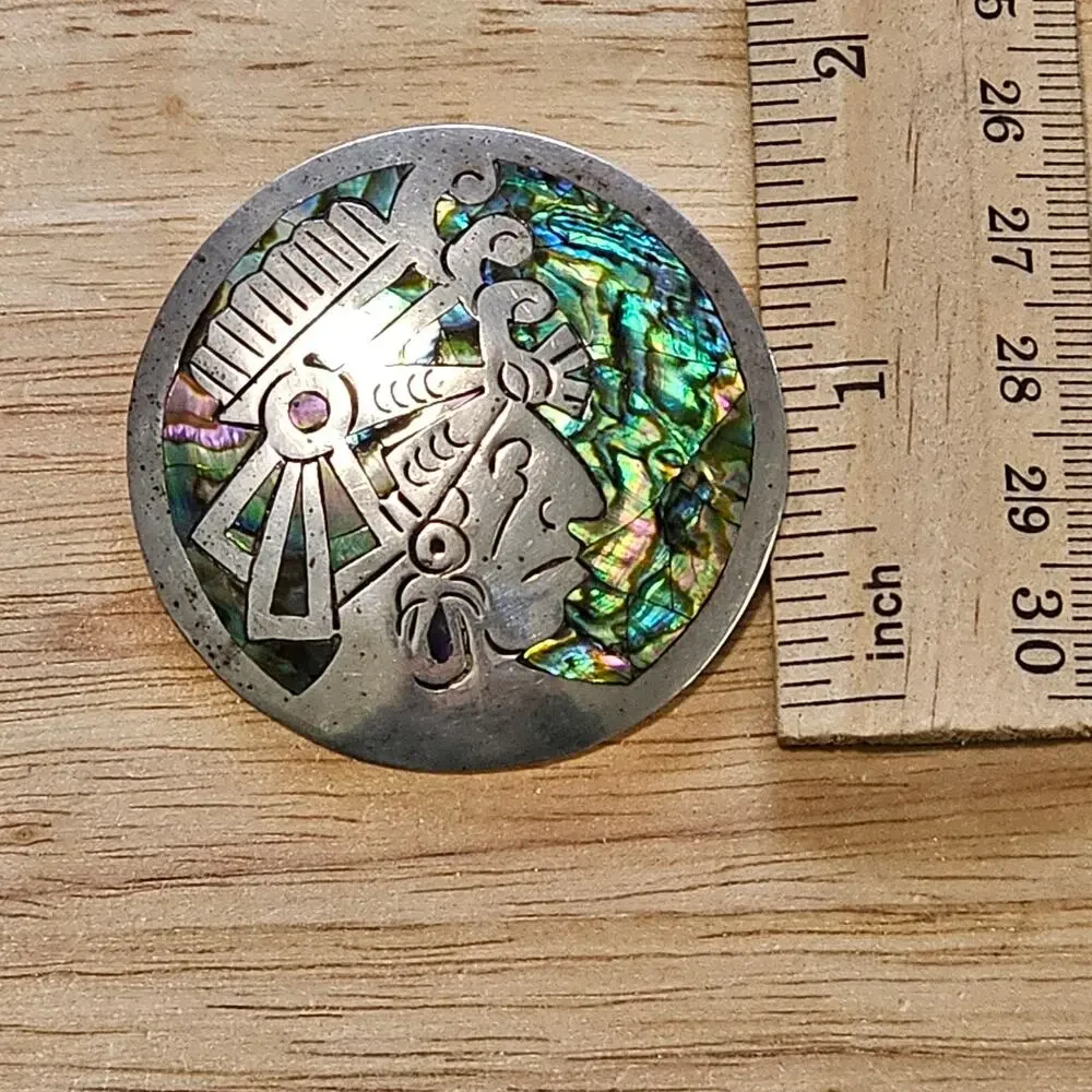 Vintage Narvaez Taxco Sterling Silver & Abalone Aztec Warrior Brooch & Pendant